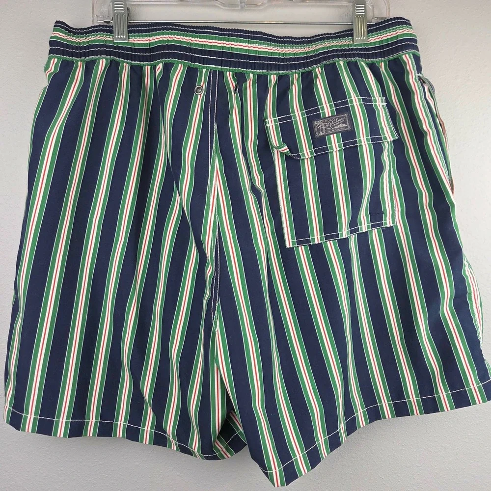 Polo Ralph Lauren Men Swim Trunks XL Navy Blue Green Red Striped Mesh Lined Pony